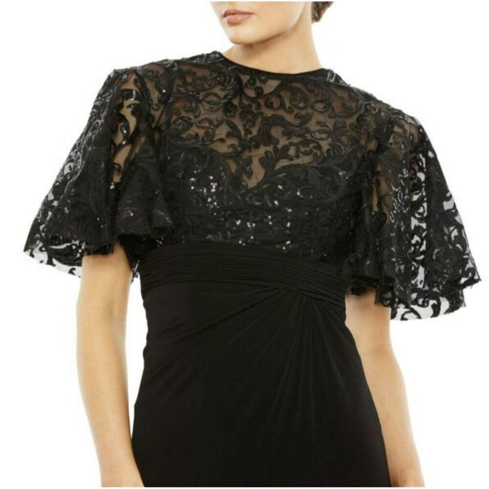Mac Duggal Sequins Jersey Flutter Sleeve Formal Gown Maxi Dress Sz 10 NWT - Picture 3 of 8